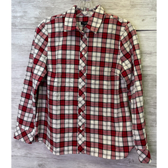 Talbots Tops - Talbots Flannel Womens P Red White Plaid Button Up Long Sleeve Metallic Cotton